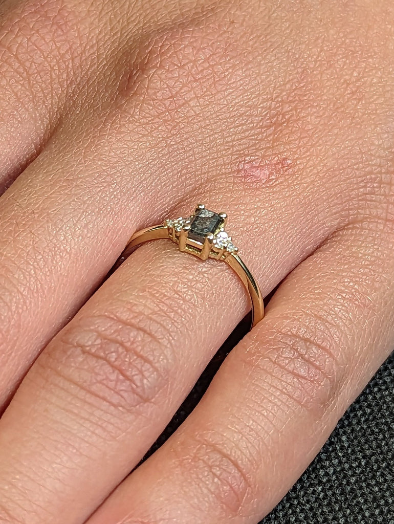 Raw Salt and Pepper Diamond, Emerald Baguette Cut Diamond Ring, Unique Engagement, Black, Gray Baguette, 14k Yellow, Rose, or White Gold