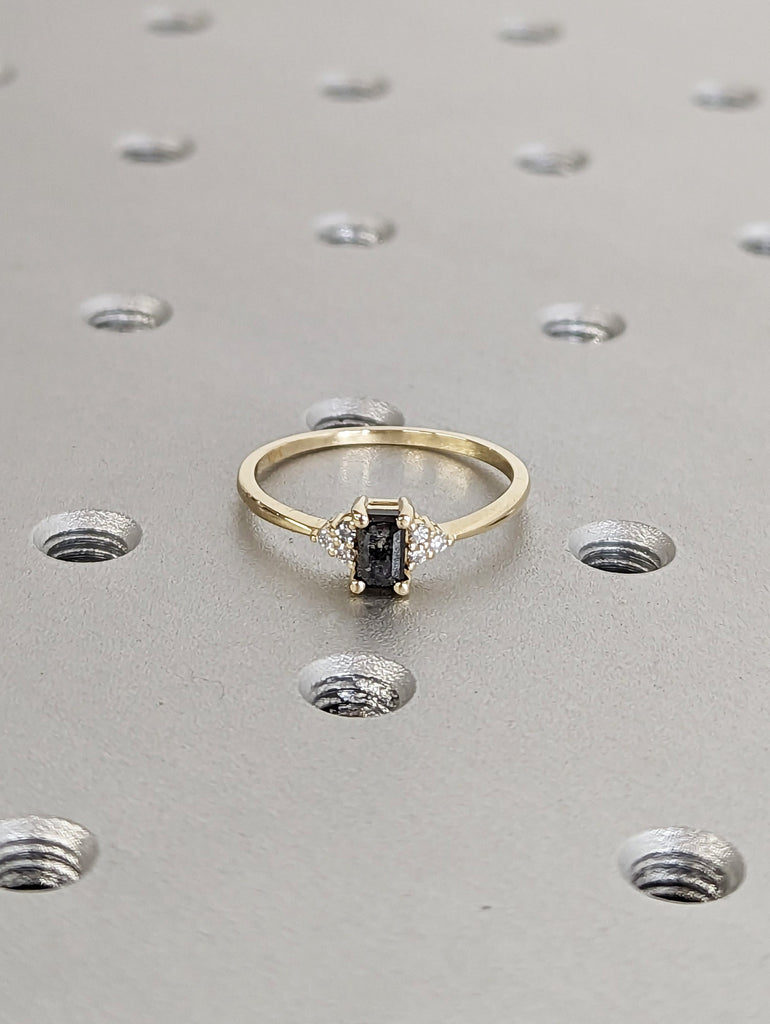 Raw Salt and Pepper Diamond, Emerald Baguette Cut Diamond Ring, Unique Engagement, Black, Gray Baguette, 14k Yellow, Rose, or White Gold