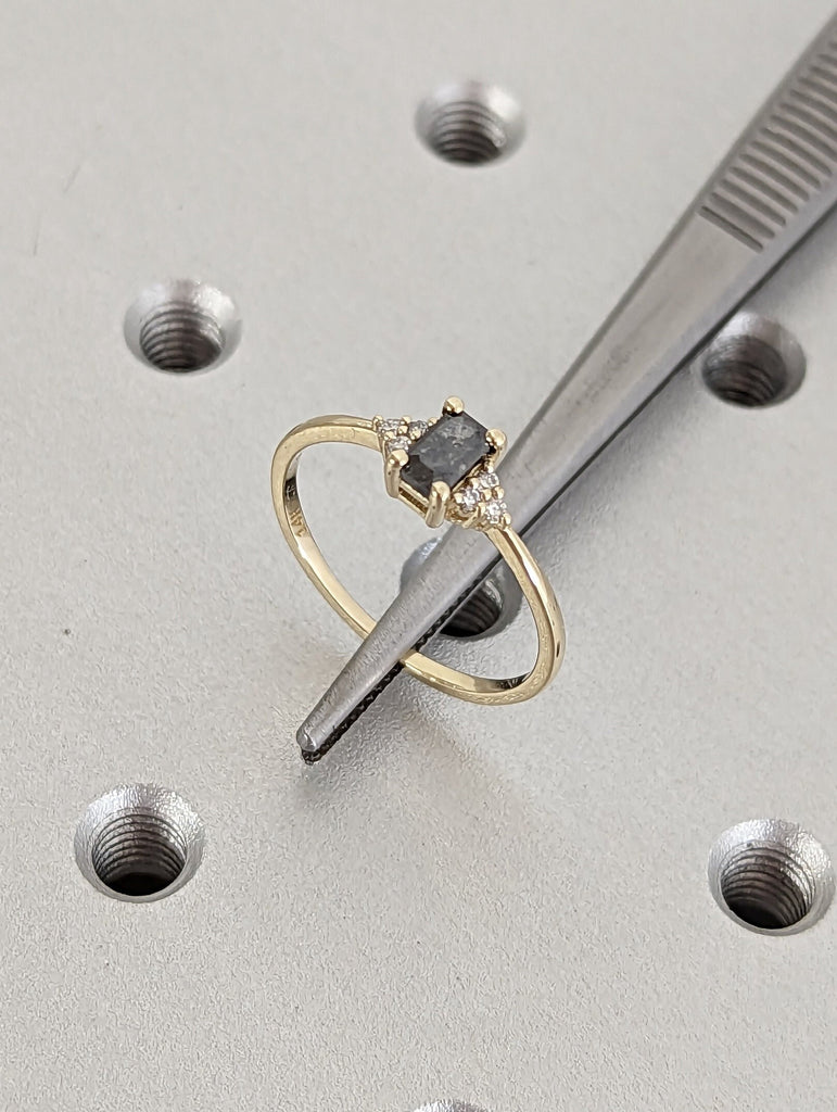 Raw Salt and Pepper Diamond, Emerald Baguette Cut Diamond Ring, Unique Engagement, Black, Gray Baguette, 14k Yellow, Rose, or White Gold