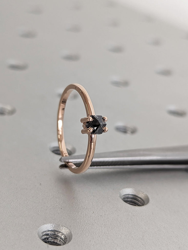 0.3ct Natural Hexagon Salt and Pepper Diamond, 14K Rose Gold Vintage Engagement Ring | Custom Bridal Jewelry | Rose Cut Solitaire Ring