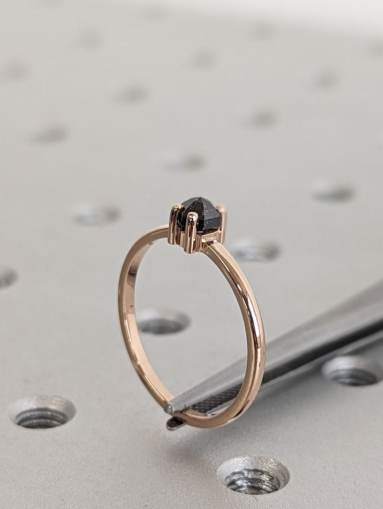 14K Rose Gold, 0.3ct Natural Hexagon Salt and Pepper Diamond Engagement Ring | Vintage Bridal Jewelry | Custom Rose Cut Solitaire Ring