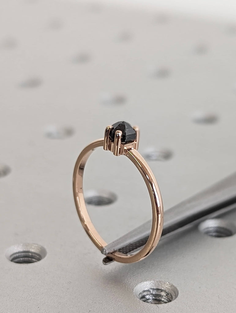 0.3ct Natural Hexagon Salt and Pepper Diamond, 14K Rose Gold Vintage Engagement Ring | Custom Bridal Jewelry | Rose Cut Solitaire Ring