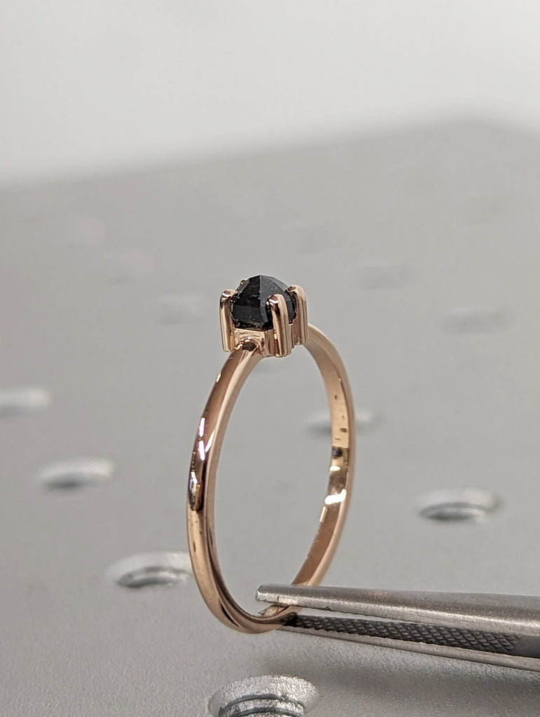 14K Rose Gold, 0.3ct Natural Hexagon Salt and Pepper Diamond Engagement Ring | Vintage Bridal Jewelry | Custom Rose Cut Solitaire Ring