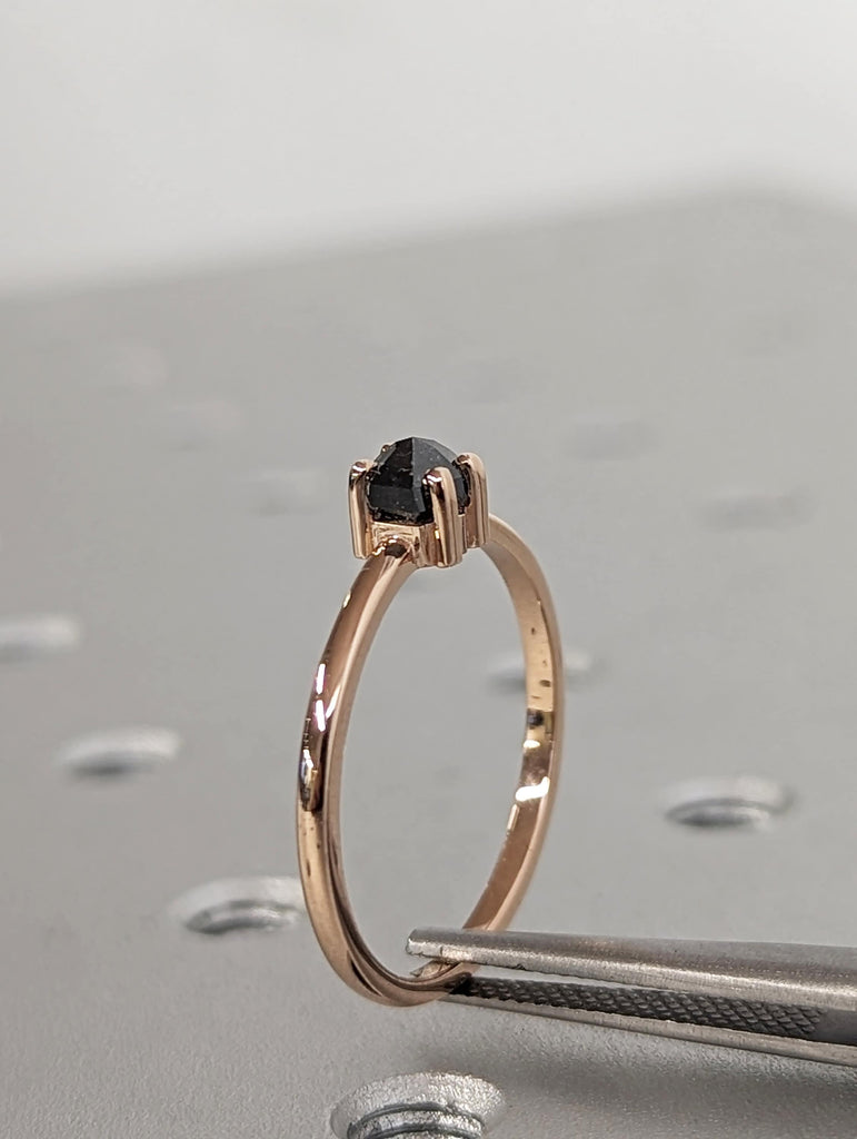 0.3ct Natural Hexagon Salt and Pepper Diamond, 14K Rose Gold Vintage Engagement Ring | Custom Bridal Jewelry | Rose Cut Solitaire Ring
