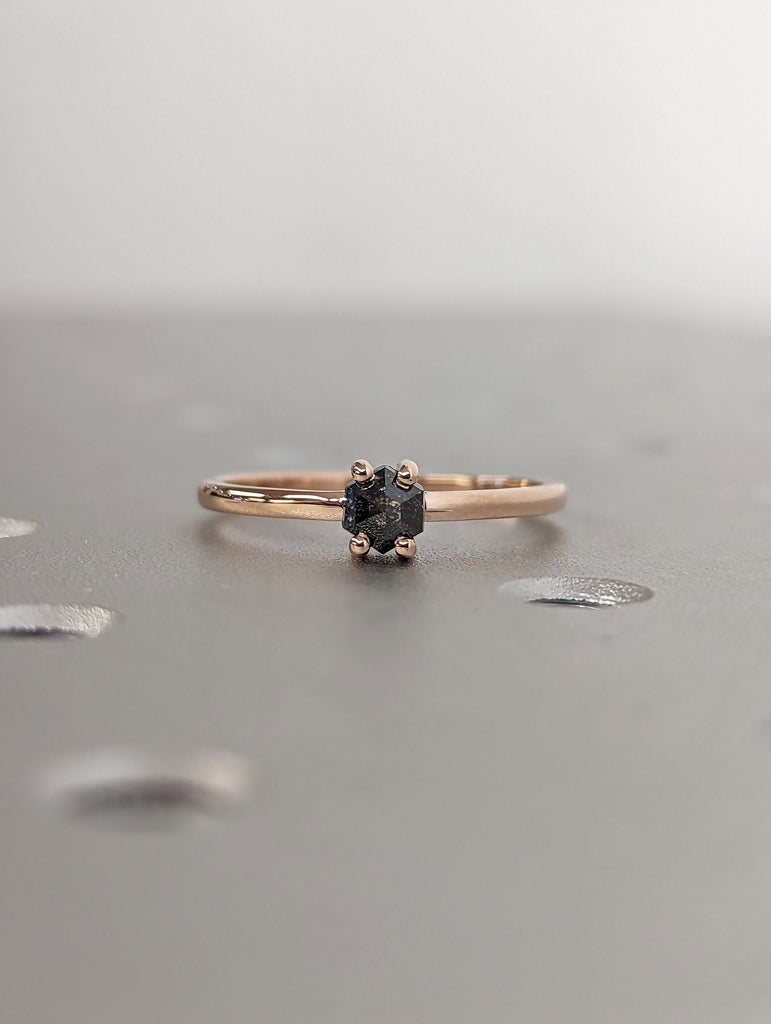 0.3ct Natural Hexagon Salt and Pepper Diamond, 14K Rose Gold Vintage Engagement Ring | Custom Bridal Jewelry | Rose Cut Solitaire Ring