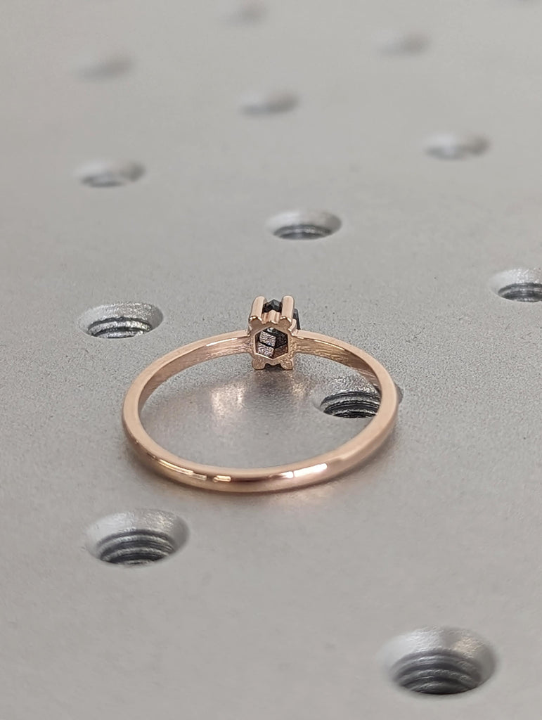 0.3ct Natural Hexagon Salt and Pepper Diamond, 14K Rose Gold Vintage Engagement Ring | Custom Bridal Jewelry | Rose Cut Solitaire Ring