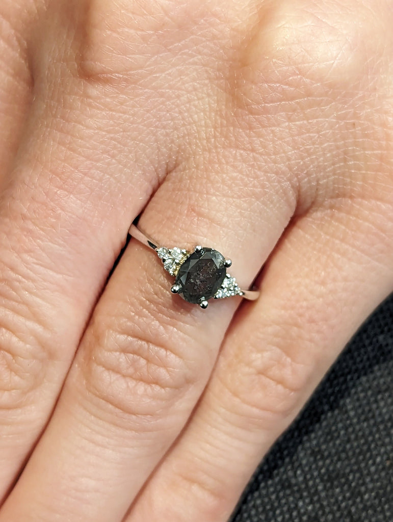 18K White Gold Oval Salt and Pepper Diamond Vintage Engagement Ring | Diamond Cluster Ring | Wedding Bridal Anniversary | Promise Ring