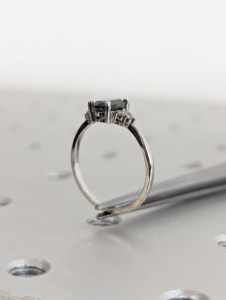 18K White Gold Oval Salt and Pepper Diamond Vintage Engagement Ring | Diamond Cluster Ring | Wedding Bridal Anniversary | Promise Ring