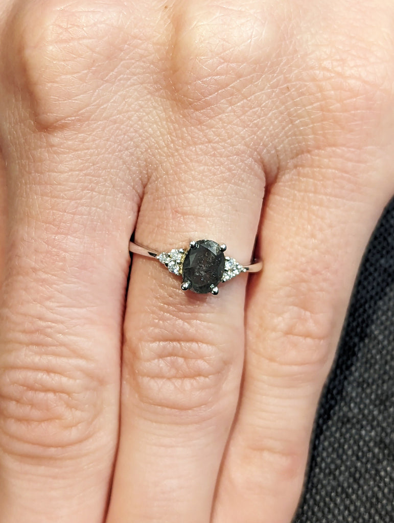 18K White Gold Oval Salt and Pepper Diamond Vintage Engagement Ring | Diamond Cluster Ring | Wedding Bridal Anniversary | Promise Ring