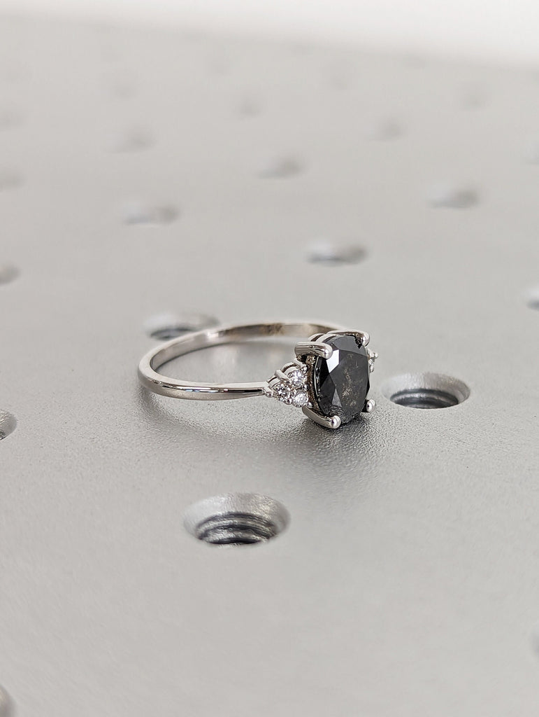 18K White Gold Oval Salt and Pepper Diamond Vintage Engagement Ring | Diamond Cluster Ring | Wedding Bridal Anniversary | Promise Ring