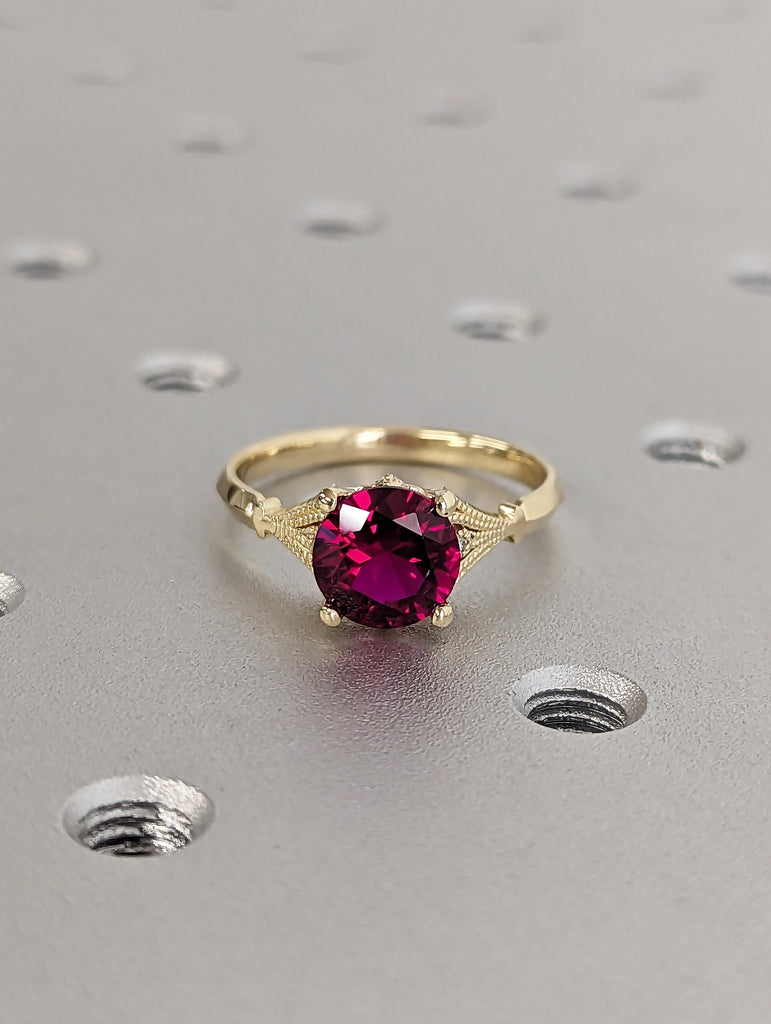 Vintage Round Cut 2ct Ruby, 14K Yellow Gold Engagement Ring | Red Gemstone Bridal Jewelry | July Birthstone Ring | Milgrain Wedding Band