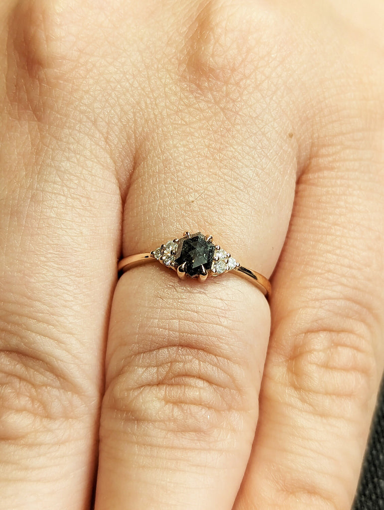 Vintage salt and pepper diamond engagement ring rose gold engagement ring diamond cluster ring wedding Bridal Anniversary Hexagon Cut