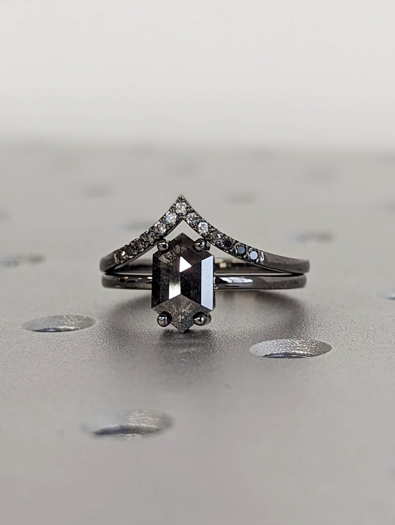Raw Diamond, Salt and Pepper, Hexagon, Unique Engagement Ring, Bridal Set, Rose Cut Geometric Diamond Ring, 14k Solid Gold, Custom Handmade