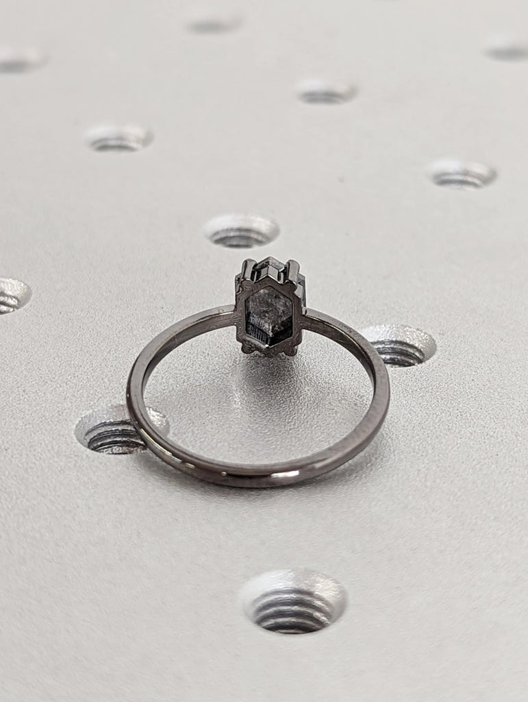 Raw Diamond, Salt and Pepper, Hexagon, Unique Engagement Ring, Bridal Set, Rose Cut Geometric Diamond Ring, 14k Solid Gold, Custom Handmade
