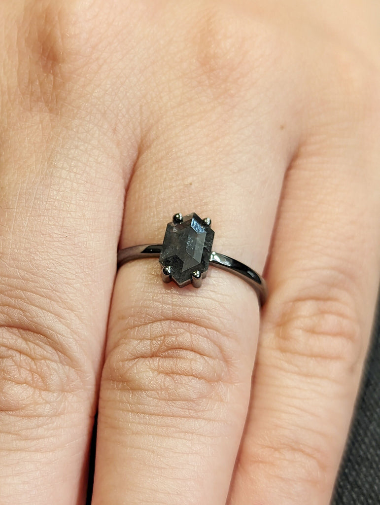 Raw Diamond, Salt and Pepper, Hexagon, Unique Engagement Ring, Bridal Set, Rose Cut Geometric Diamond Ring, 14k Solid Gold, Custom Handmade