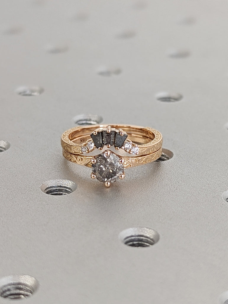 Raw Salt and Pepper Diamond Rose /White /Yellow / Black Gold Engagement Ring Art Deco 1920's Inspired Thin Petite Band Unique Ring for Her