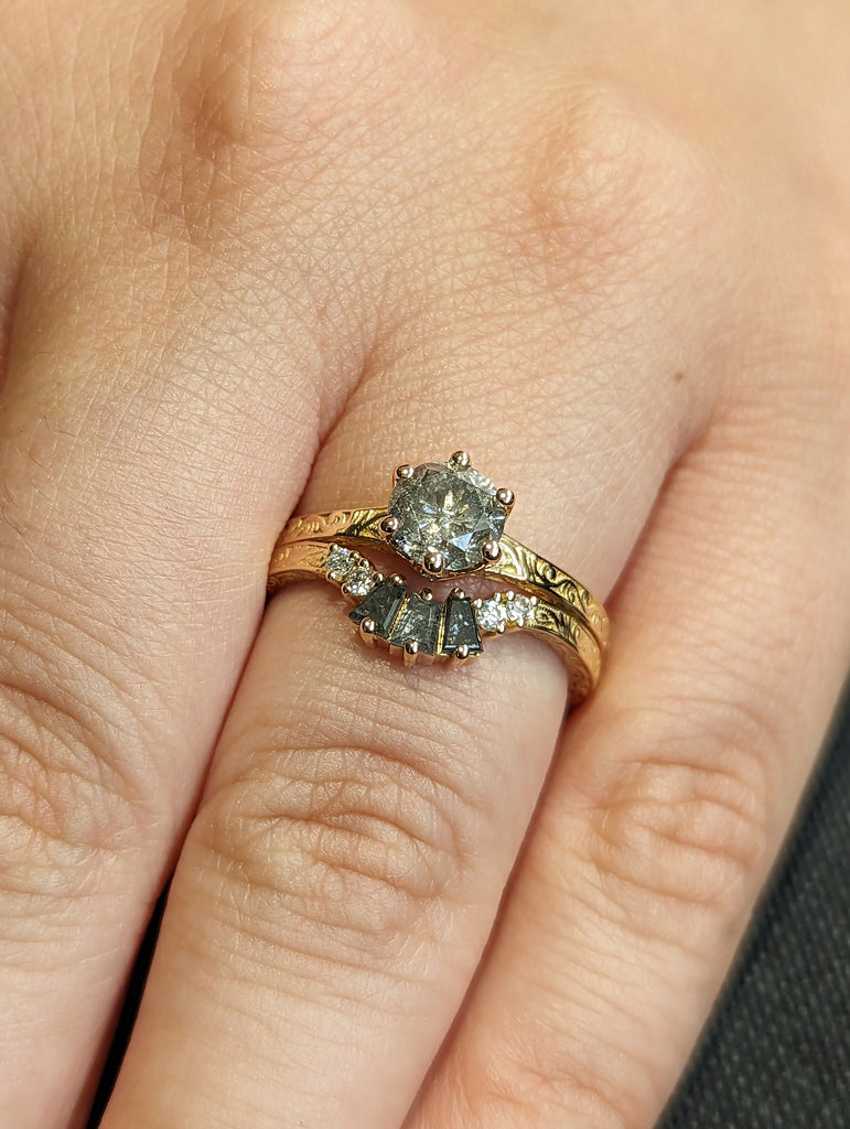Raw Salt and Pepper Diamond Rose /White /Yellow / Black Gold Engagement Ring Art Deco 1920's Inspired Thin Petite Band Unique Ring for Her