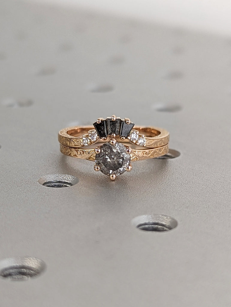 Raw Salt and Pepper Diamond Rose /White /Yellow / Black Gold Engagement Ring Art Deco 1920's Inspired Thin Petite Band Unique Ring for Her
