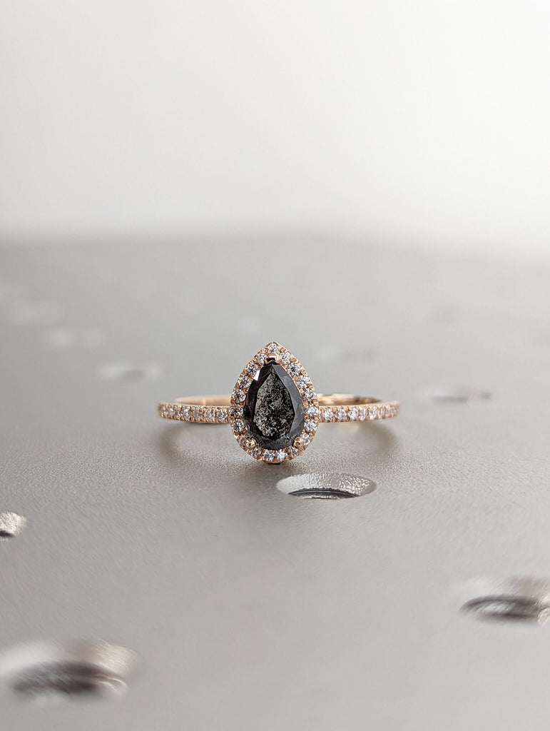 0.5ct Raw Salt and Pepper Diamond Halo, Pear Moissanite Halo Ring, Unique Engagement Bridal Set, Black Gray Pear 14k Yellow Rose White Gold