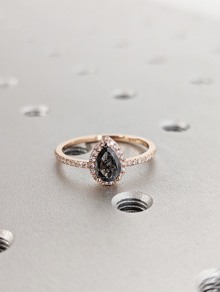 0.5ct Raw Salt and Pepper Diamond Halo, Pear Moissanite Halo Ring, Unique Engagement Bridal Set, Black Gray Pear 14k Yellow Rose White Gold