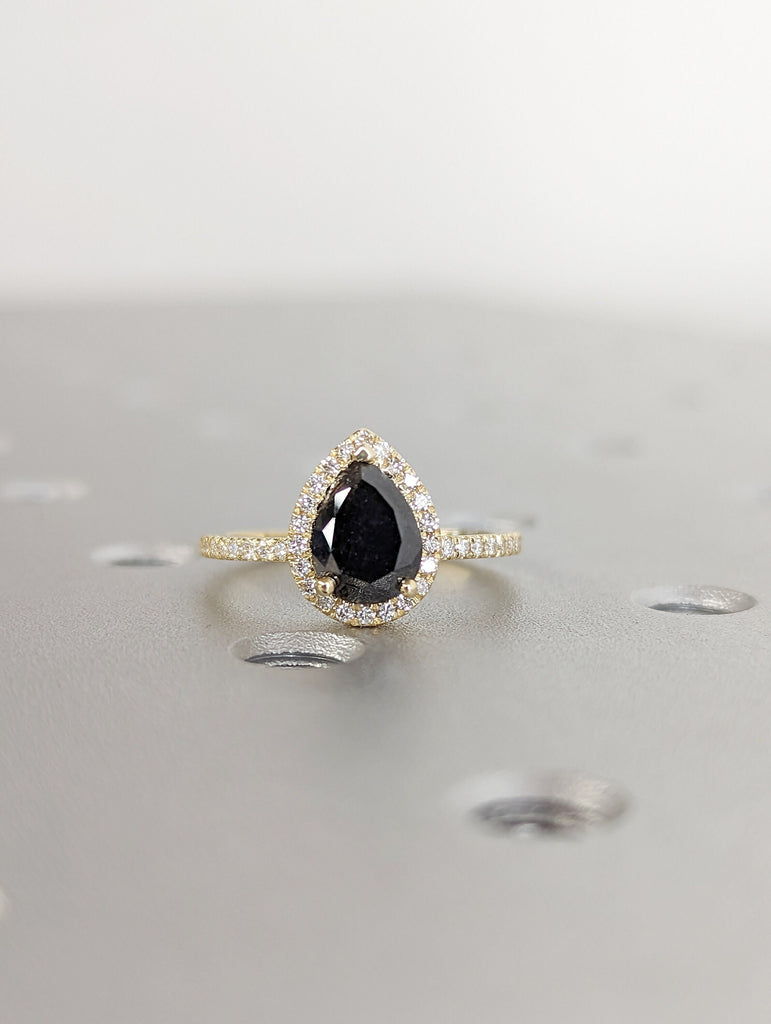 1.25 Carat 1920's Raw Salt and Pepper Diamond Halo, Pear Diamond Halo Ring, Unique Engagement Bridal Set, Grey Diamond Ring Halo Ring