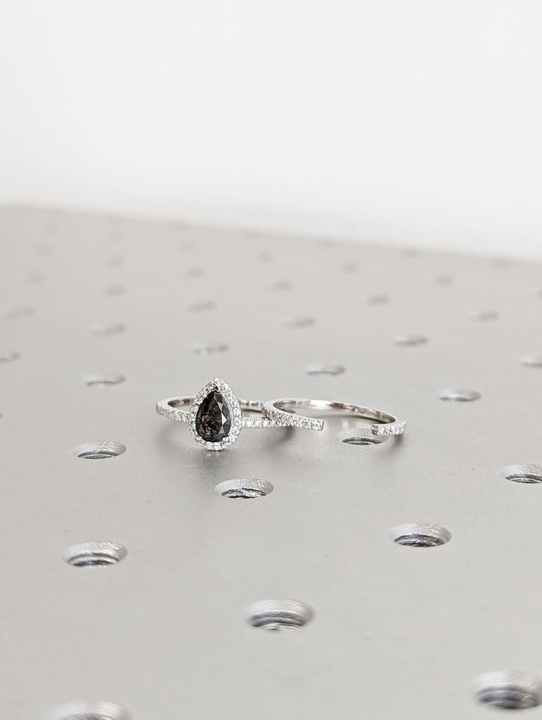 1920's Raw Salt and Pepper Diamond Halo, Pear Diamond Halo Ring, Unique Engagement Bridal Set, Black, Gray Pear, 14k Yellow Rose White Gold