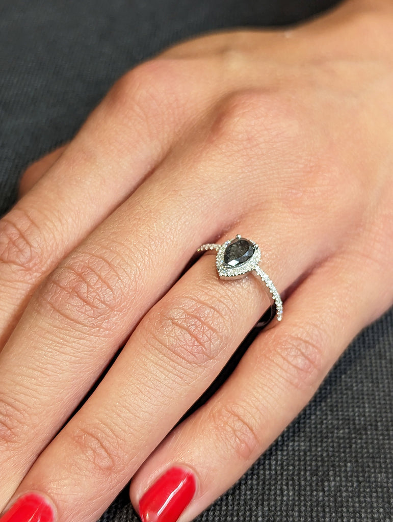 1920's Raw Salt and Pepper Diamond Halo, Pear Diamond Halo Ring, Unique Engagement Bridal Set, Black, Gray Pear, 14k Yellow Rose White Gold