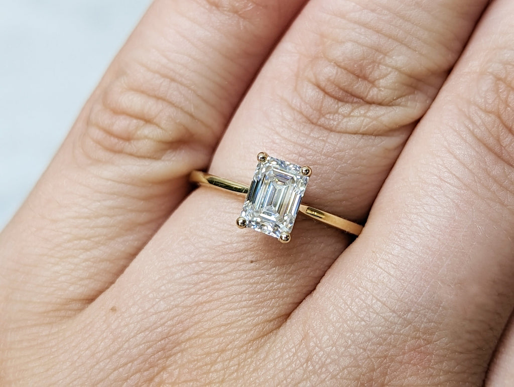 Hidden Halo Emerald Cut Solitaire Engagement Ring, Emerald Cut Engagement Ring, Emerald Cut Ring, 2.5Ct Solid 14k Moissanite Engagement Ring