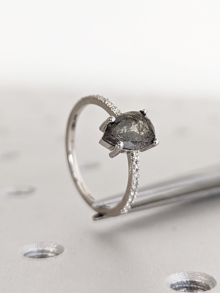 1920's Raw Salt and Pepper Diamond, Pear Diamond Ring, Unique Engagement Bridal Set, Black, Gray Pear, 14k Yellow, Rose, White or Black Gold