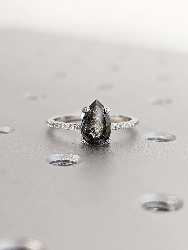 1920's Raw Salt and Pepper Diamond, Pear Diamond Ring, Unique Engagement Bridal Set, Black, Gray Pear, 14k Yellow, Rose, White or Black Gold
