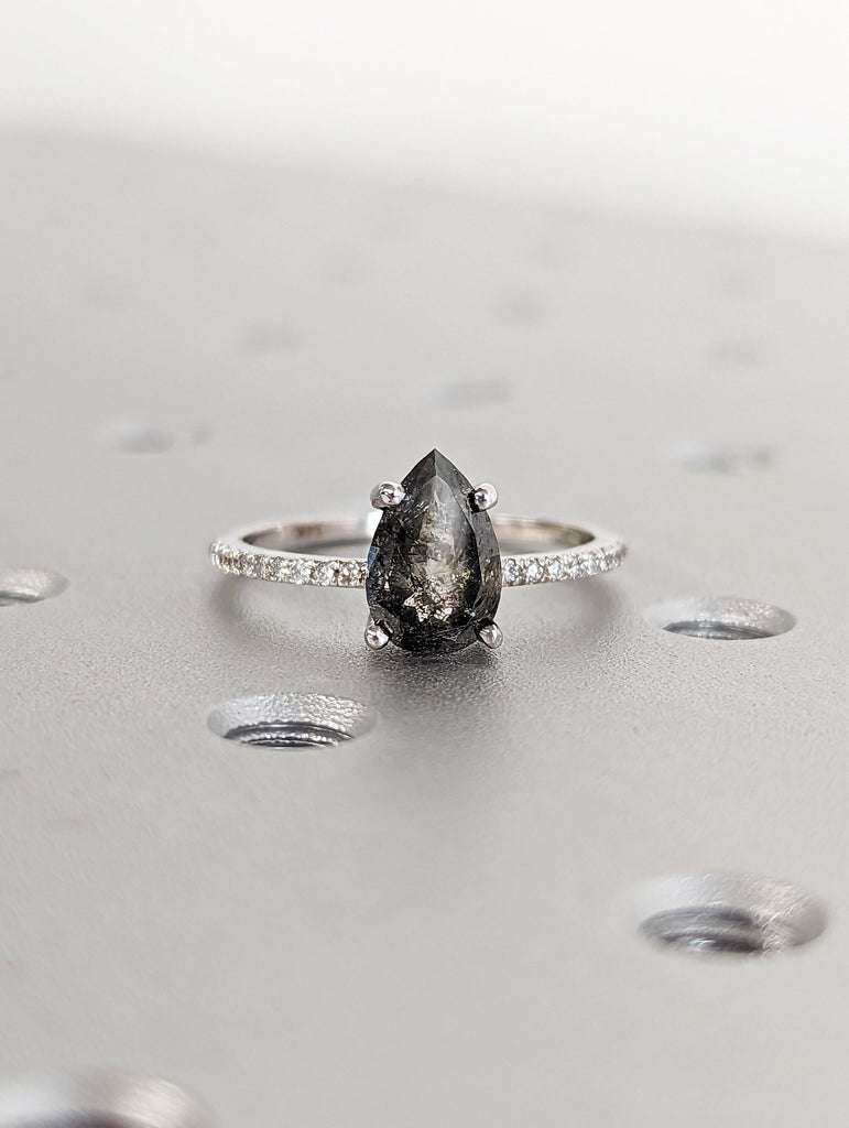 1920's Raw Salt and Pepper Diamond, Pear Diamond Ring, Unique Engagement Bridal Set, Black, Gray Pear, 14k Yellow, Rose, White or Black Gold