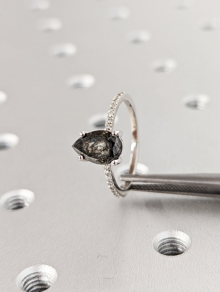 1920's Raw Salt and Pepper Diamond, Pear Diamond Ring, Unique Engagement Bridal Set, Black, Gray Pear, 14k Yellow, Rose, White or Black Gold