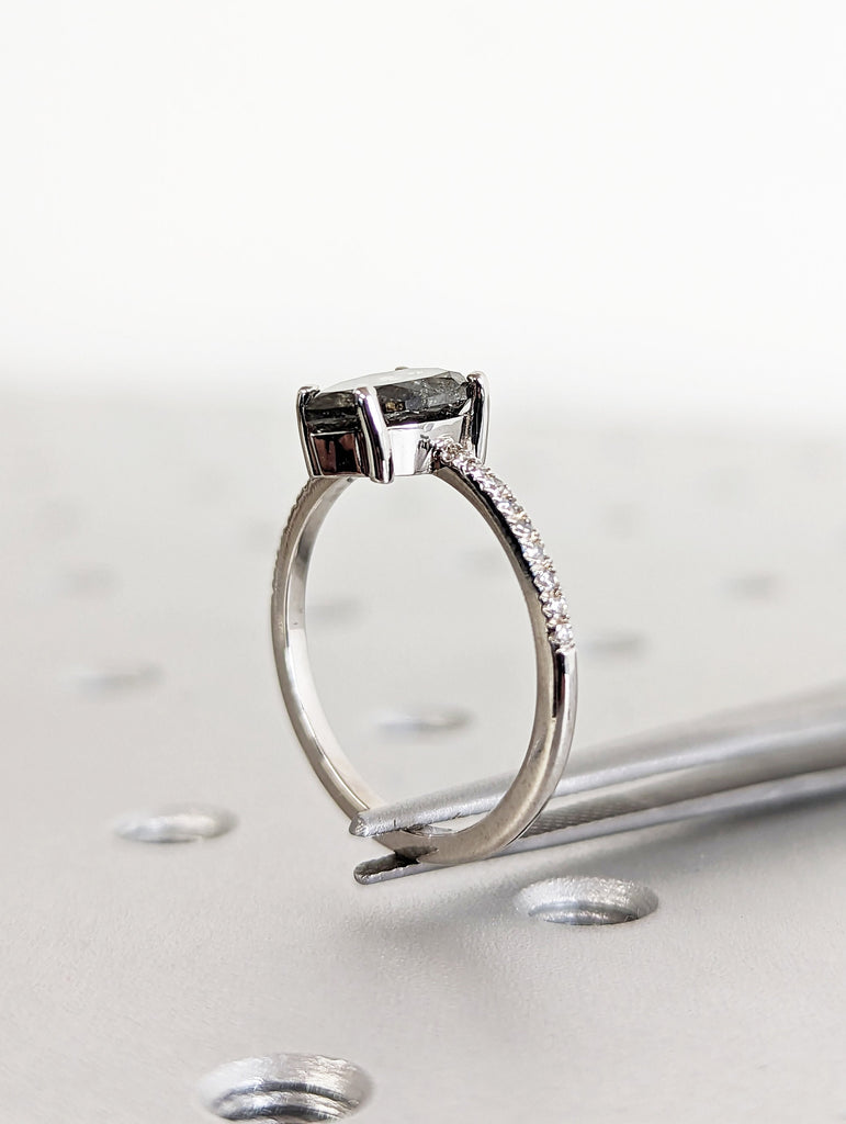 1920's Raw Salt and Pepper Diamond, Pear Diamond Ring, Unique Engagement Bridal Set, Black, Gray Pear, 14k Yellow, Rose, White or Black Gold