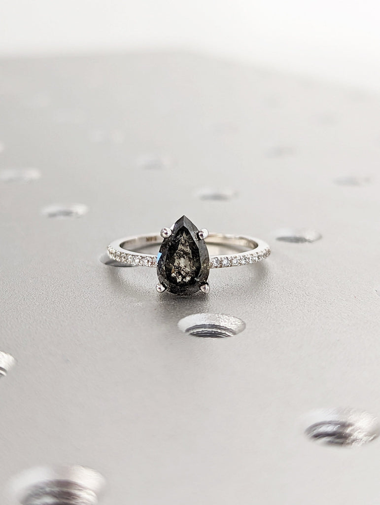1920's Raw Salt and Pepper Diamond, Pear Diamond Ring, Unique Engagement Bridal Set, Black, Gray Pear, 14k Yellow, Rose, White or Black Gold