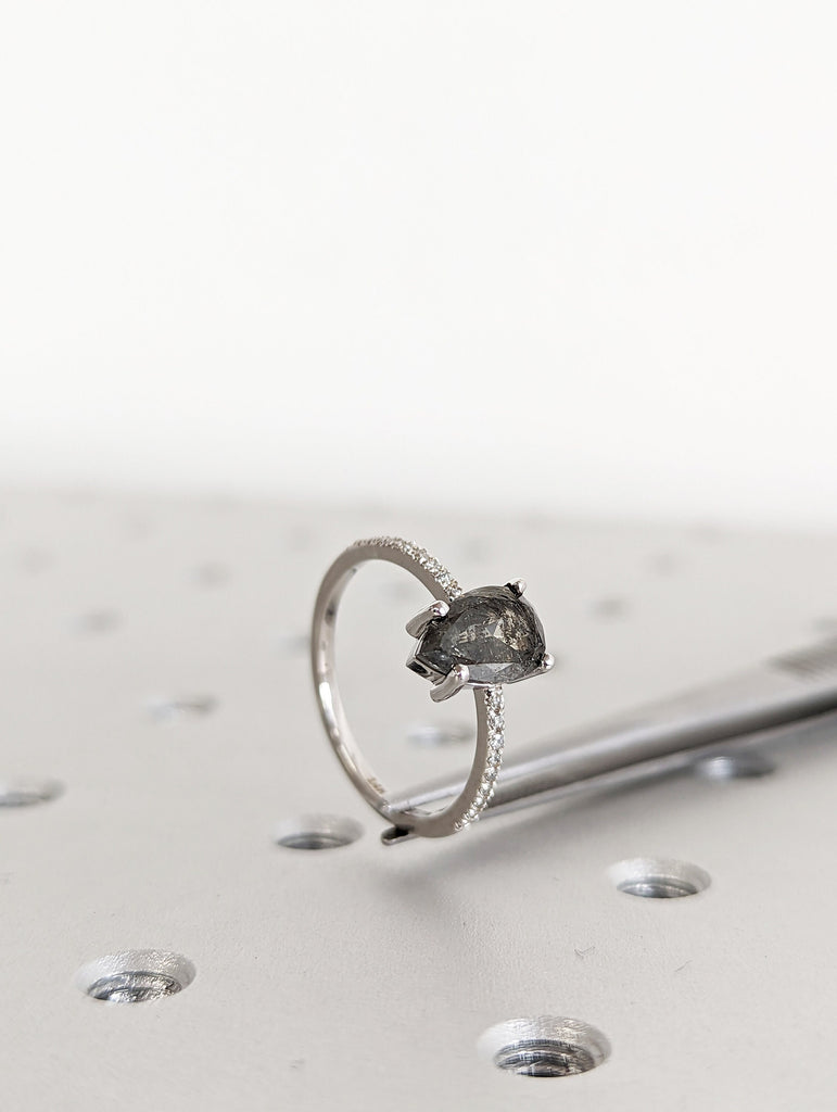 1920's Raw Salt and Pepper Diamond, Pear Diamond Ring, Unique Engagement Bridal Set, Black, Gray Pear, 14k Yellow, Rose, or White Gold