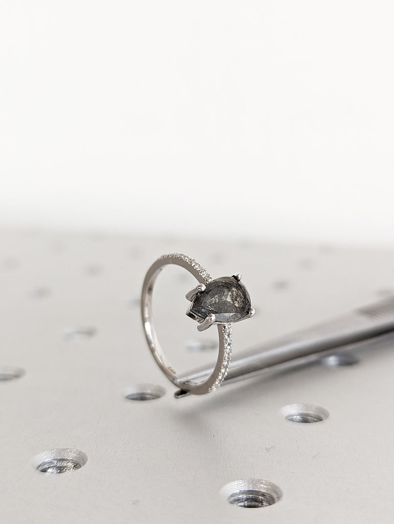 1920's Raw Salt and Pepper Diamond, Pear Diamond Ring, Unique Engagement Bridal Set, Black, Gray Pear, 14k Yellow, Rose, or White Gold