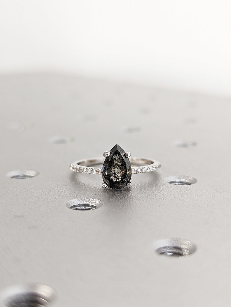 1920's Raw Salt and Pepper Diamond, Pear Diamond Ring, Unique Engagement Bridal Set, Black, Gray Pear, 14k Yellow, Rose, or White Gold
