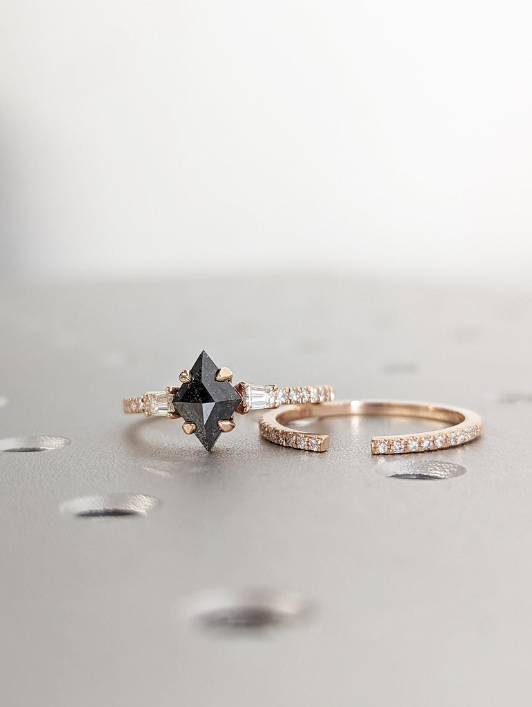1Ct Kite Rhombus Cut Wedding Set in Rose Gold , Salt and Pepper Bridal Set, Salt and pepper Kite Cut Bridal Set, Vintage Diamond bridal Set