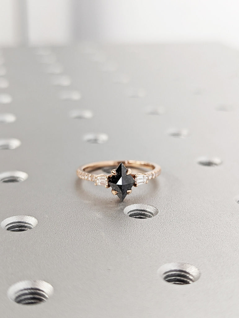 1Ct Kite Rhombus Cut Wedding Set in Rose Gold , Salt and Pepper Bridal Set, Salt and pepper Kite Cut Bridal Set, Vintage Diamond bridal Set