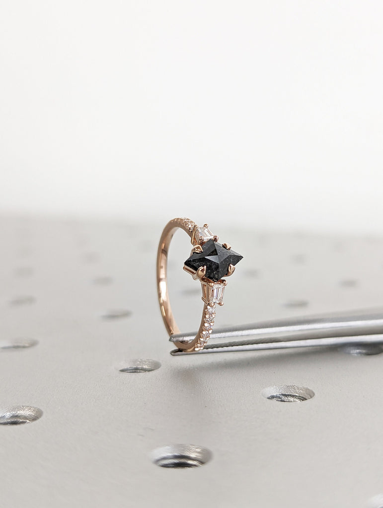 1Ct Kite Rhombus Cut Wedding Set in Rose Gold , Salt and Pepper Bridal Set, Salt and pepper Kite Cut Bridal Set, Vintage Diamond bridal Set