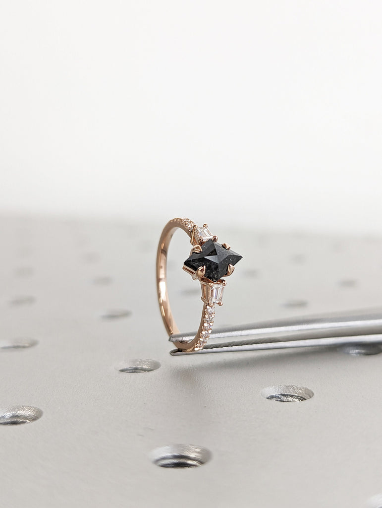 1Ct Kite Rhombus Cut Wedding Set in Rose Gold , Salt and Pepper Bridal Set, Salt and pepper Kite Cut Bridal Set, Vintage Diamond bridal Set
