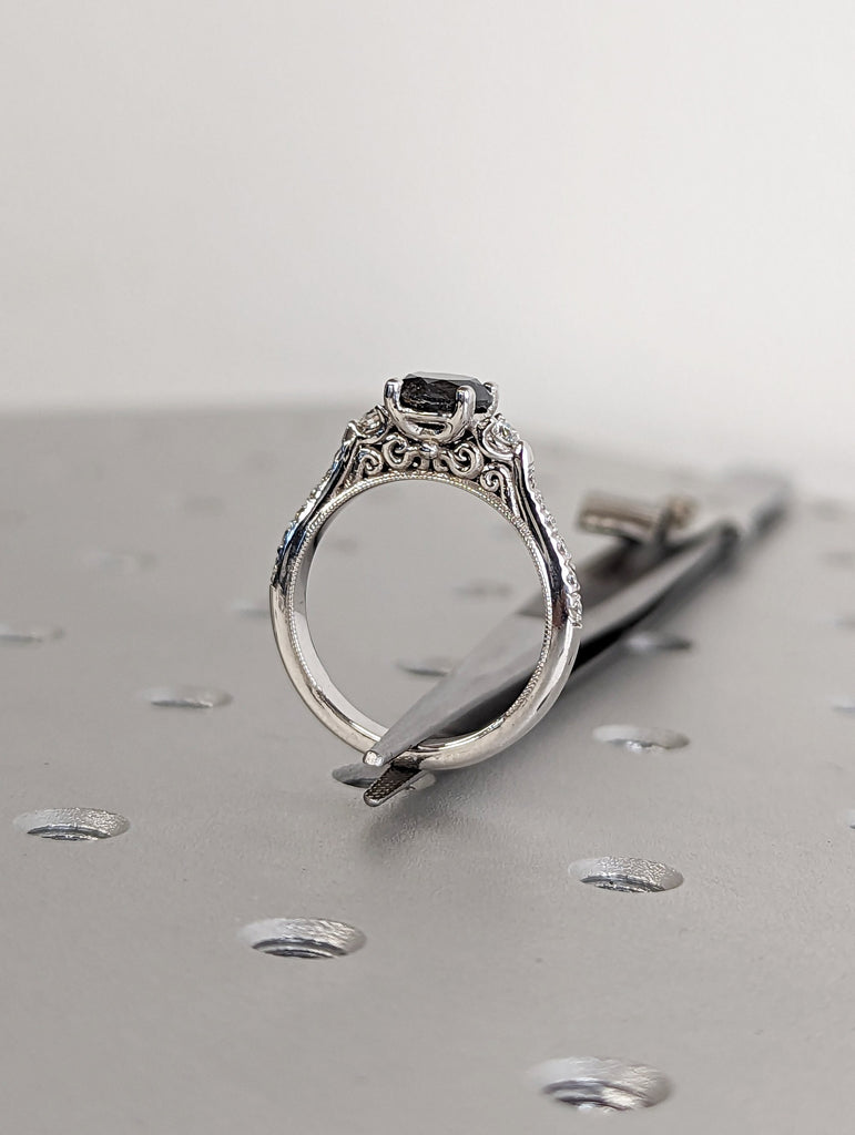 Salt and pepper engagement ring round cut vintage engagement ring prong set ring diamond ring two tone anniversary ring rose & white gold