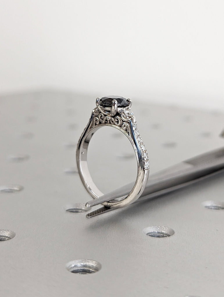 Salt and pepper engagement ring round cut vintage engagement ring prong set ring diamond ring two tone anniversary ring rose & white gold