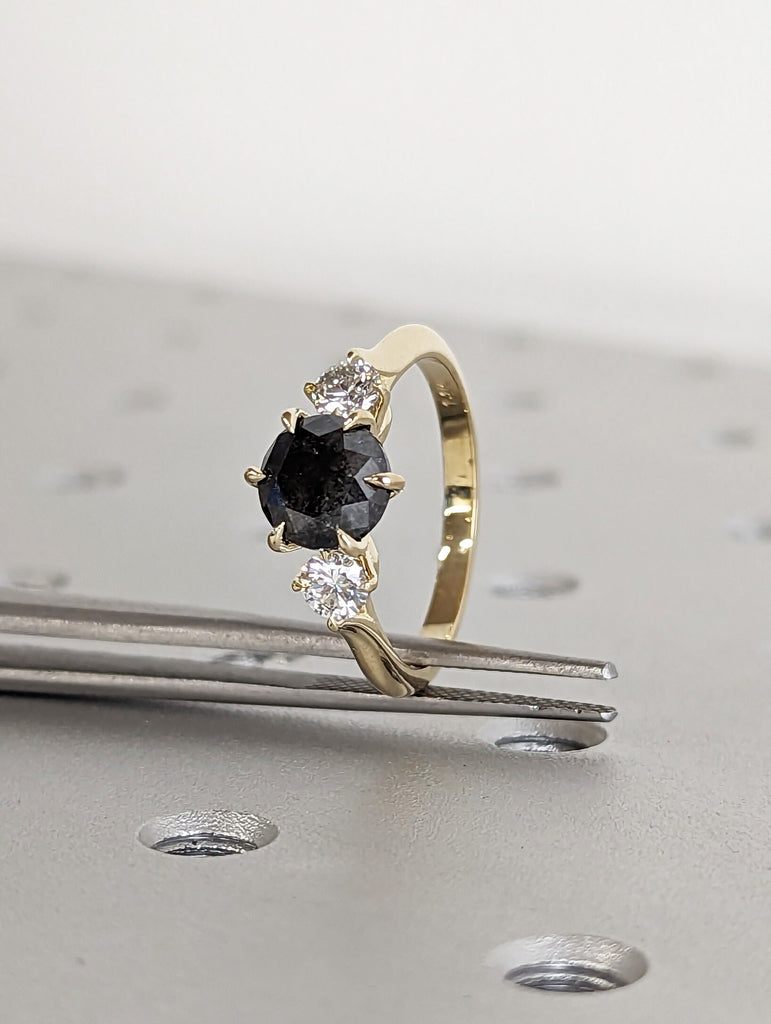 2 Carat 1920's Raw Salt and Pepper Diamond, Round Diamond Ring, Unique Engagement Bridal, Black, Gray Pear, 14k Yellow Rose White Black Gold