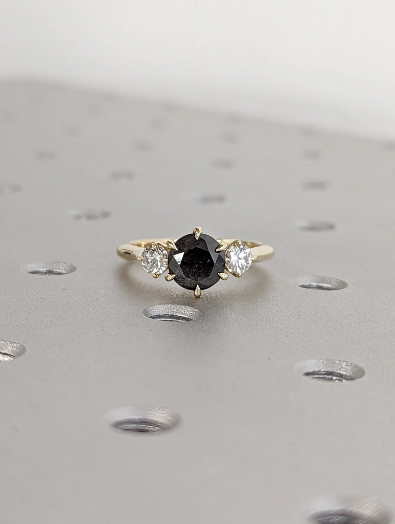 2 Carat 1920's Raw Salt and Pepper Diamond, Round Diamond Ring, Unique Engagement Bridal, Black, Gray Pear, 14k Yellow Rose White Black Gold