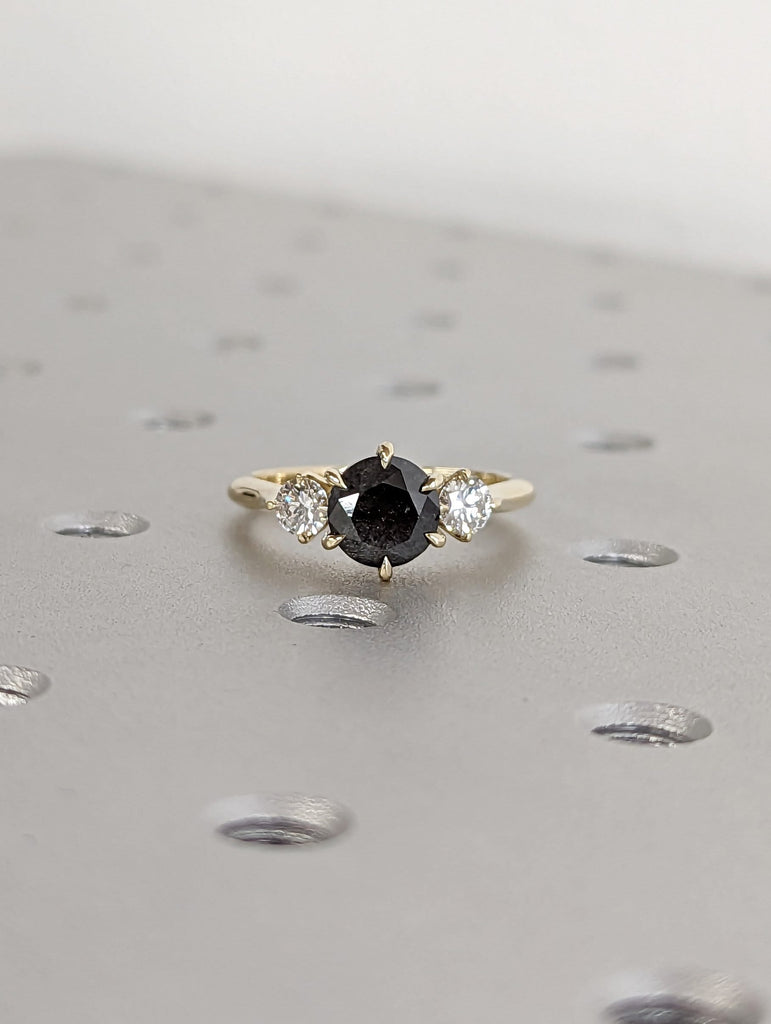 2 Carat 1920's Raw Salt and Pepper Diamond, Round Diamond Ring, Unique Engagement Bridal, Black, Gray Pear, 14k Yellow Rose White Black Gold
