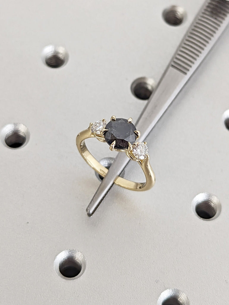 2 Carat 1920's Raw Salt and Pepper Diamond, Round Diamond Ring, Unique Engagement Bridal, Black, Gray Pear, 14k Yellow Rose White Black Gold