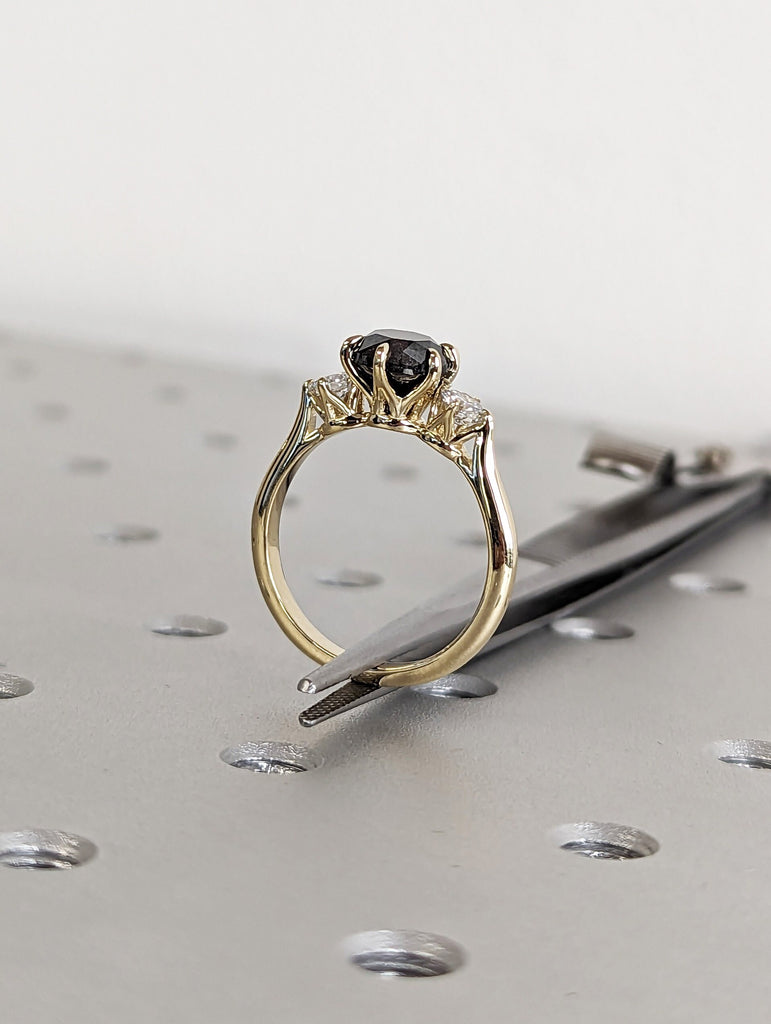 2 Carat 1920's Raw Salt and Pepper Diamond, Round Diamond Ring, Unique Engagement Bridal, Black, Gray Pear, 14k Yellow Rose White Black Gold
