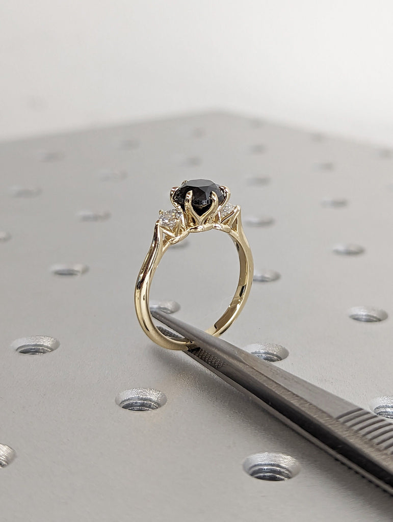 2 Carat 1920's Raw Salt and Pepper Diamond, Round Diamond Ring, Unique Engagement Bridal, Black, Gray Pear, 14k Yellow Rose White Black Gold