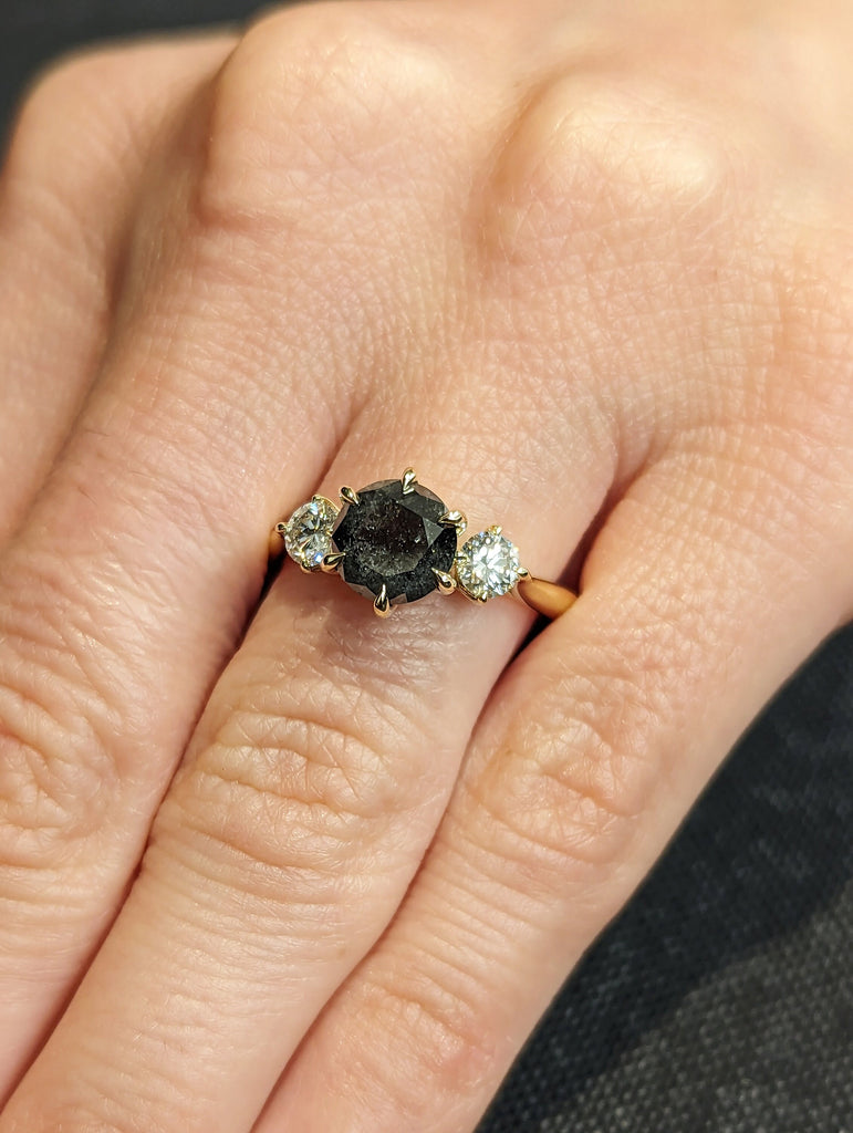 2 Carat 1920's Raw Salt and Pepper Diamond, Round Diamond Ring, Unique Engagement Bridal, Black, Gray Pear, 14k Yellow Rose White Black Gold